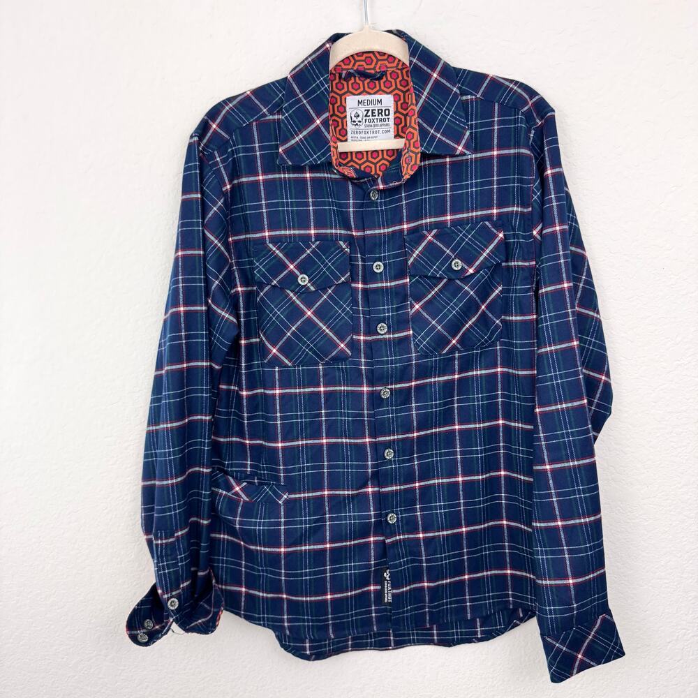 Zero Foxtrot Mens Long Sleeve Button Shirt Size M Flannel Plaid Rugged Fall Blue